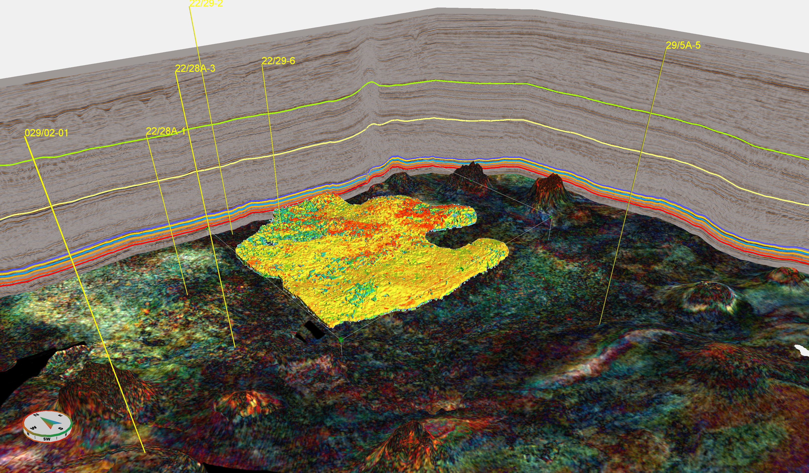 A selection of North Sea well paths intersecting a High Definition Frequency Decomposition RGB colour blend. Combining AI results with other volumes, such as frequency decomposition colour blends, allows the interpreter to simultaneously analyse the structural and stratigraphic features in previously unattainable detail and in record time. The RGB colour blend is draped on an AI Horizon with an AI Features volumetric Geobody of the Halibut slide. 